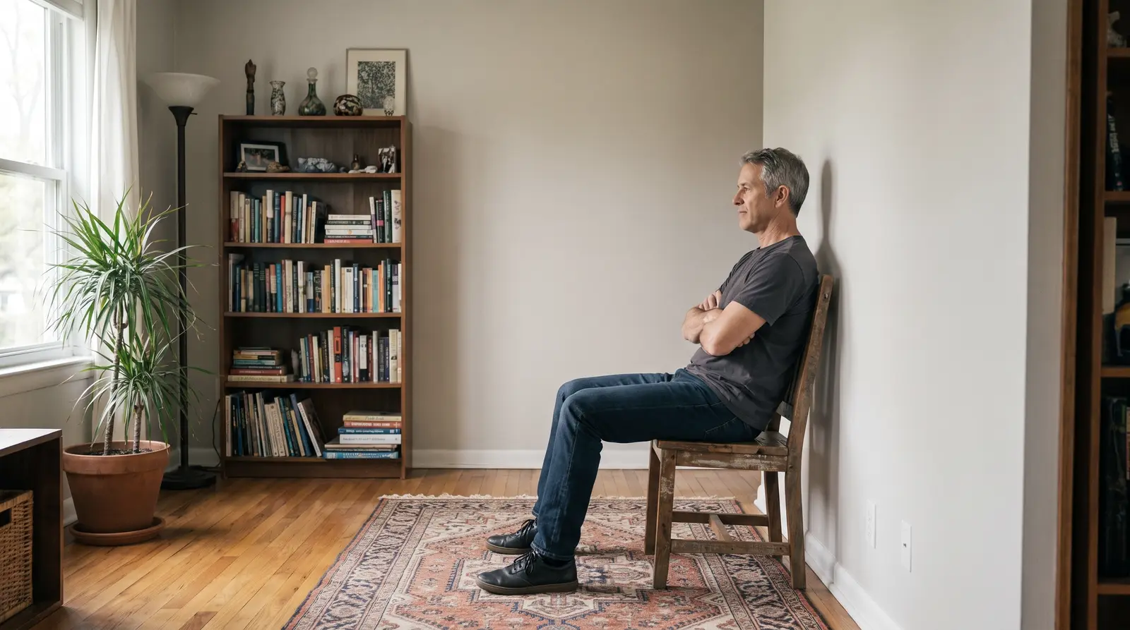 A man in his late fifties sits on a chair in his living room, arms crossed, thinking.