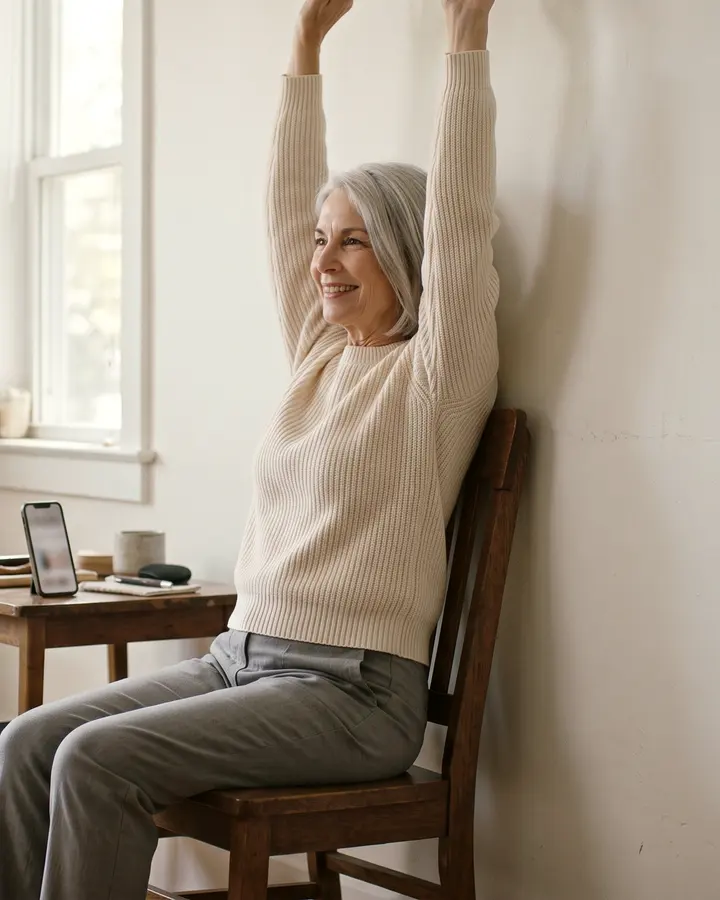 A woman with silver hair raises her arms, seated on a chair against the wall.