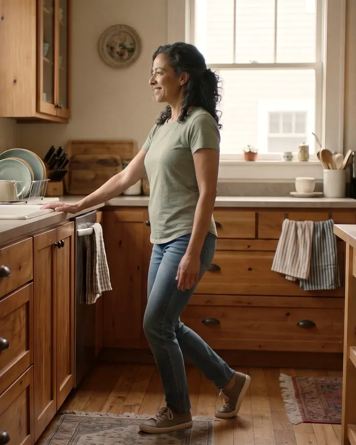 A woman takes a slow tai chi step, one hand on her kitchen counter.