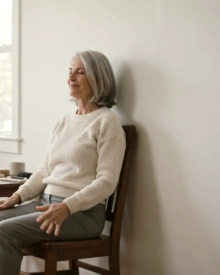 A woman sits on a chair against the wall, eyes closed, her hands resting.