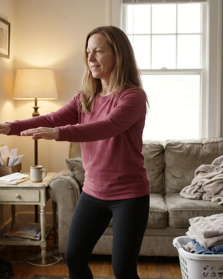 A woman does slow tai chi by her living room window.