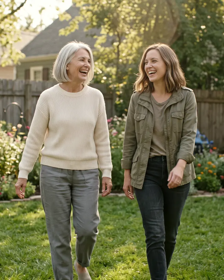 Two women walk across a garden lawn, laughing.