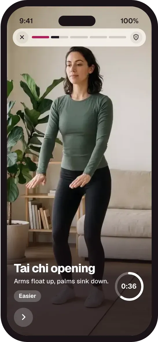 Move 2 of 5, Tai chi opening: arms float up, palms sink down. 36 seconds left.