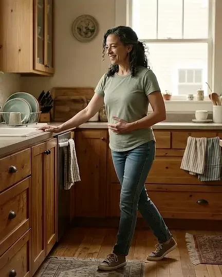 A woman takes a slow step at her kitchen counter, one hand resting on it.