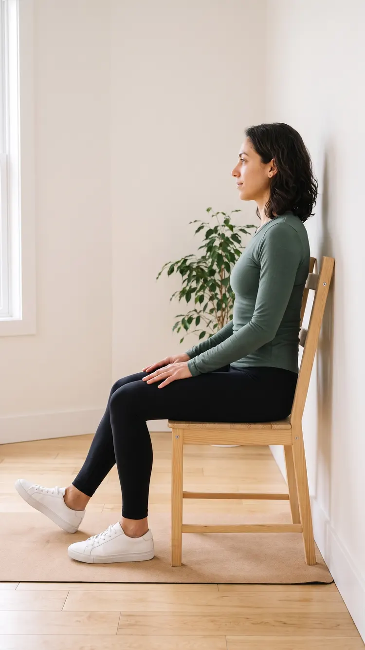 Seen from the side, a woman sits on a chair whose back is against the wall, one leg out in front with the heel on the floor and the toes pulled back toward her shin.