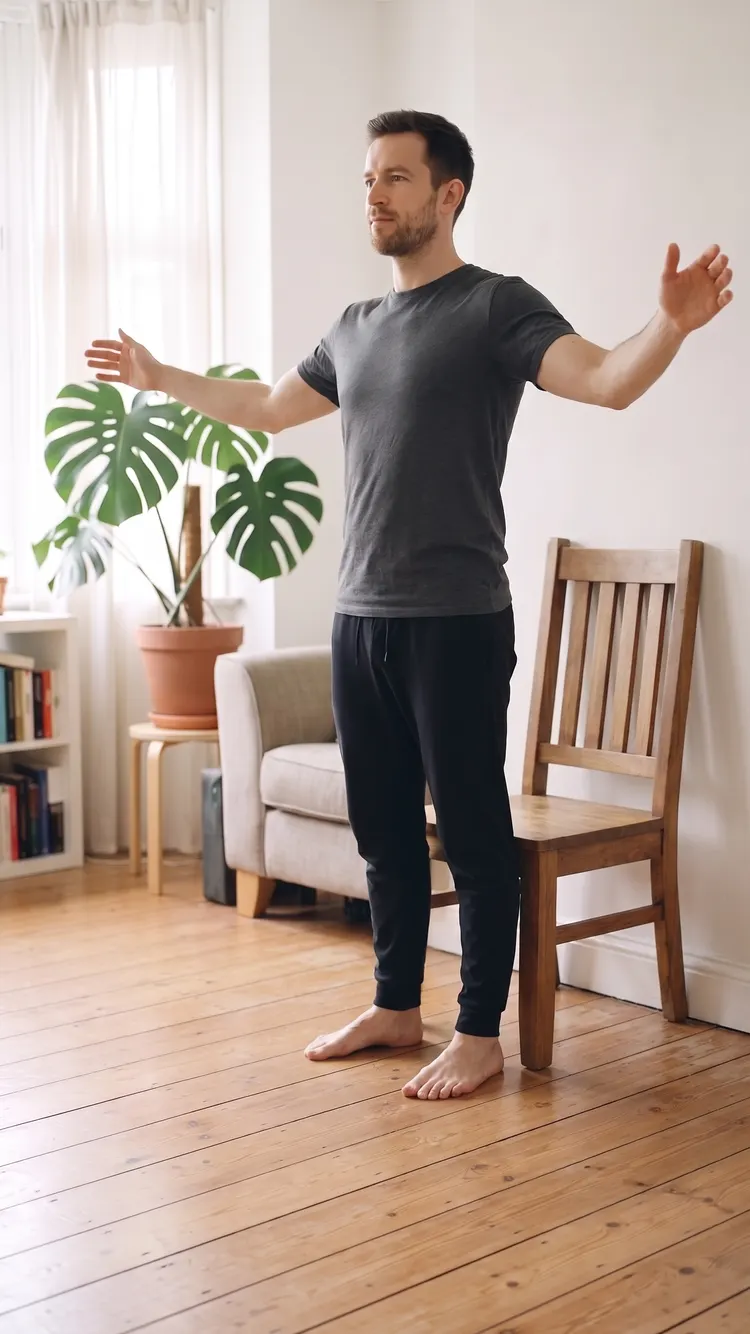 A man stands tall with both arms out to the sides, a little below shoulder height, elbows soft.