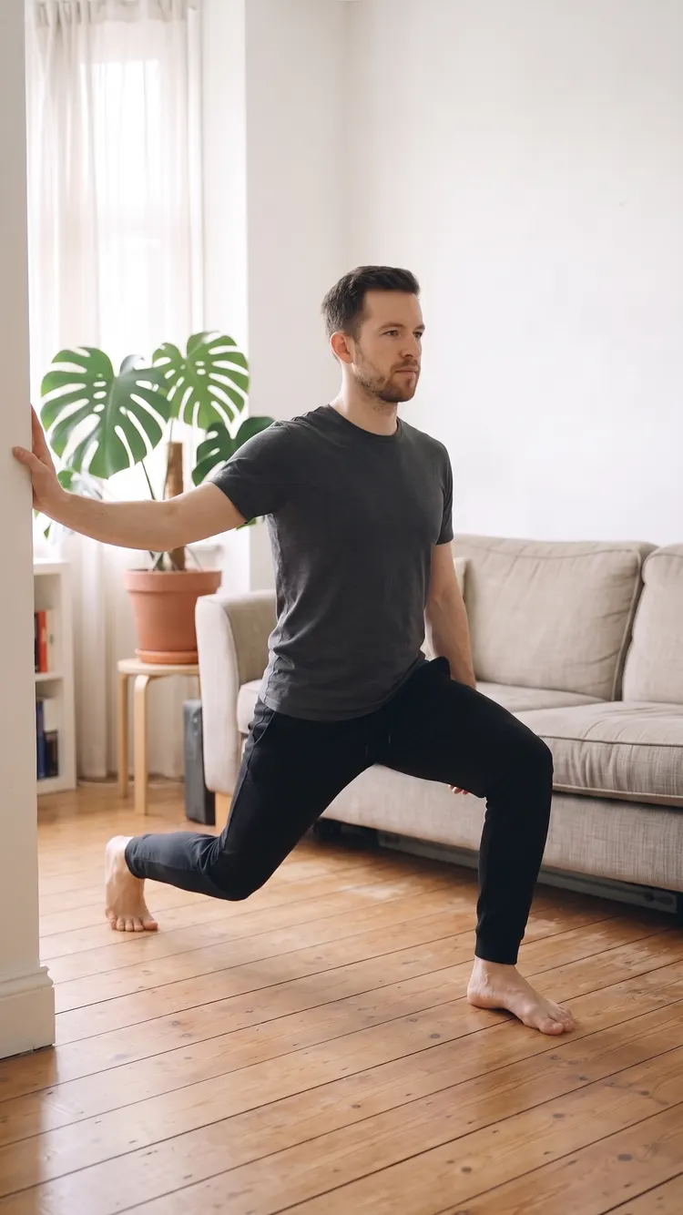 One hand on a wall, a man lowers into a back lunge, back heel lifted, front knee over his ankle.