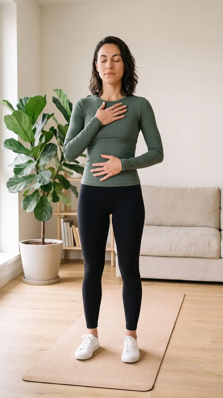 A woman stands on a mat in a bright home studio, one hand resting on her belly and one on her chest, eyes closed.