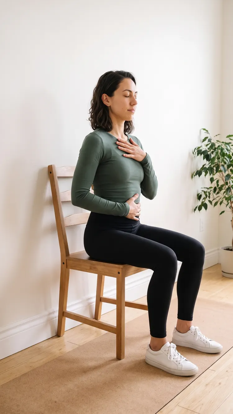 A woman sits tall on a chair whose back is against the wall, one hand on her belly and one on her chest, eyes closed.