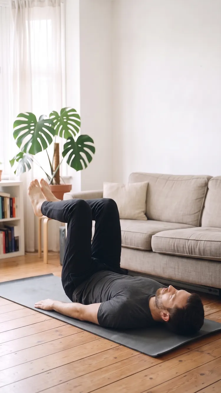 Lying on his back on a mat, a man holds his knees bent at 90 degrees over his hips.