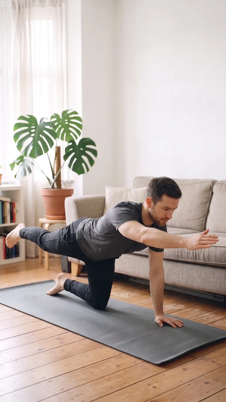 On his hands and knees on a mat, a man reaches one leg back and the opposite arm forward.