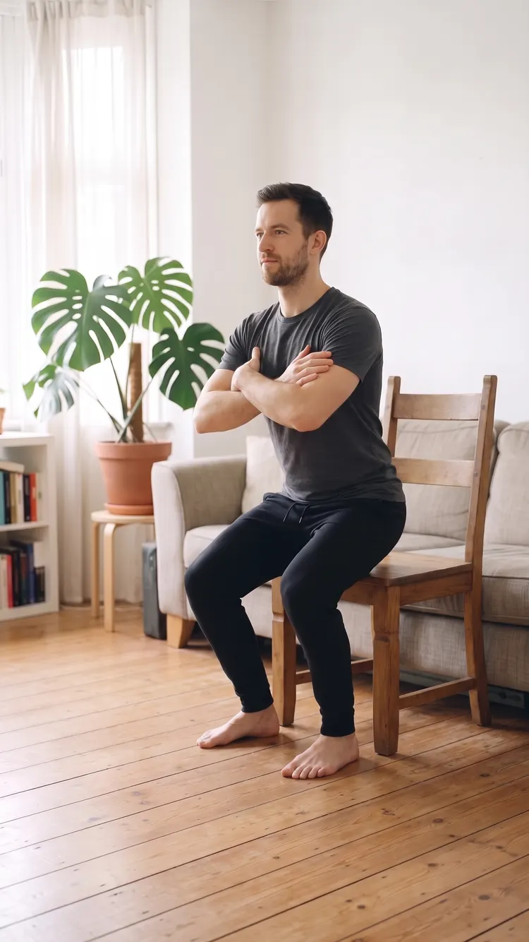 In front of a chair against the wall, a man squats until his seat lightly touches it, arms crossed.