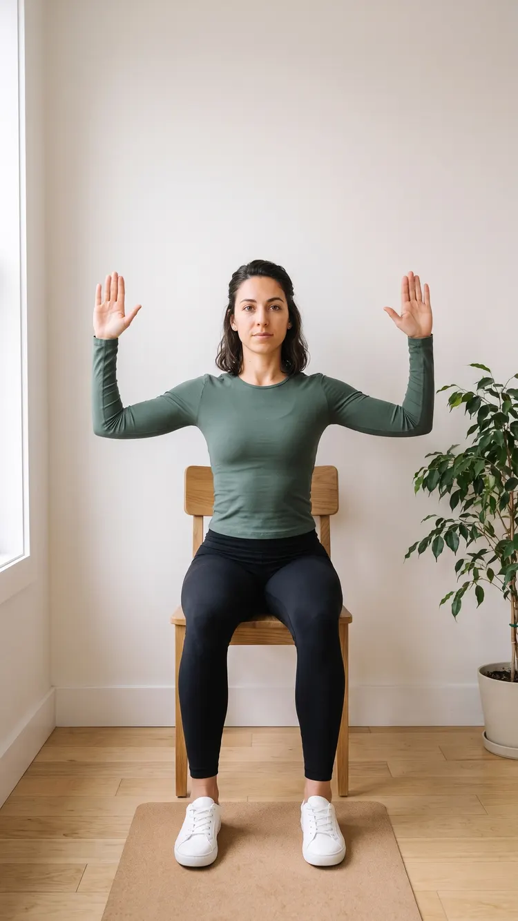 A woman sits tall on a chair whose back is against the wall, arms out to the sides, elbows bent and hands up, like a cactus.