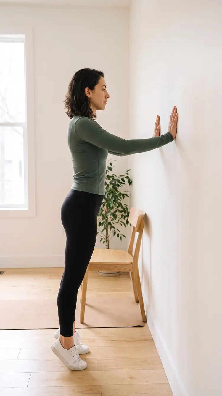 Facing the wall with both hands on it, a woman rises onto the balls of her feet.