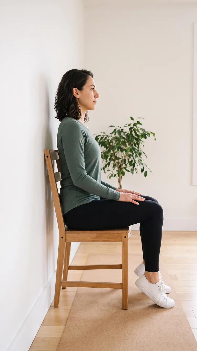 Seen from the side, a woman sits tall on a chair whose back is against the wall, both heels lifted, the balls of her feet on the floor.