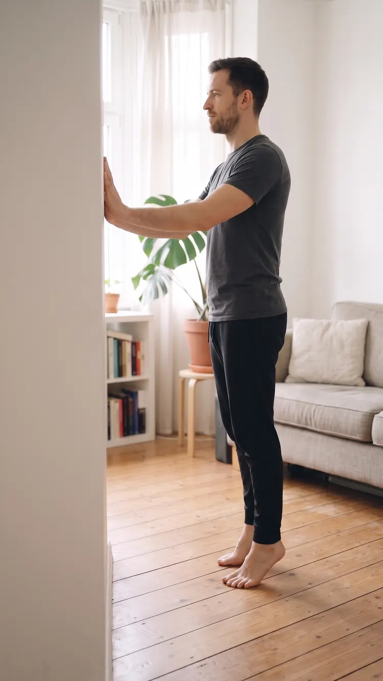Hands on a plain wall, a man rises onto the balls of his feet, heels lifted.