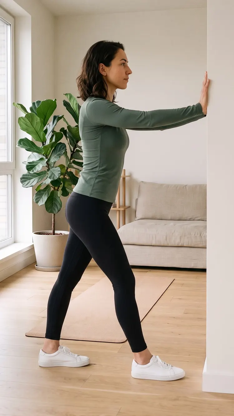 In a bright home studio, a woman faces the wall with her hands on it, one foot a stride behind the other, both heels down.
