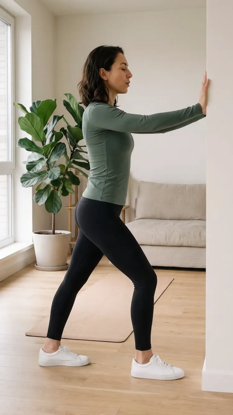 She leans her hips gently toward the wall, her back leg long and its heel pressing down.