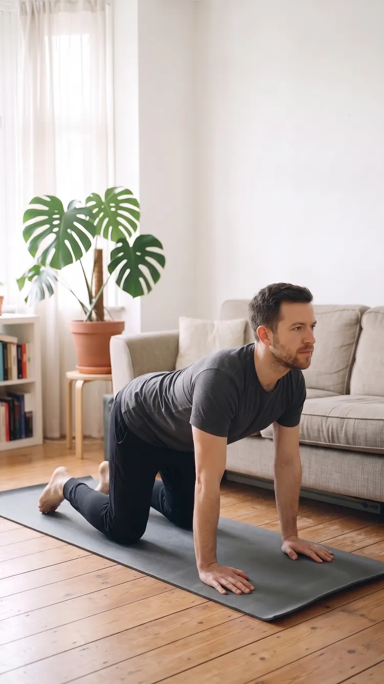 On his hands and knees on a mat, a man lets his belly soften and his chest lift a little.