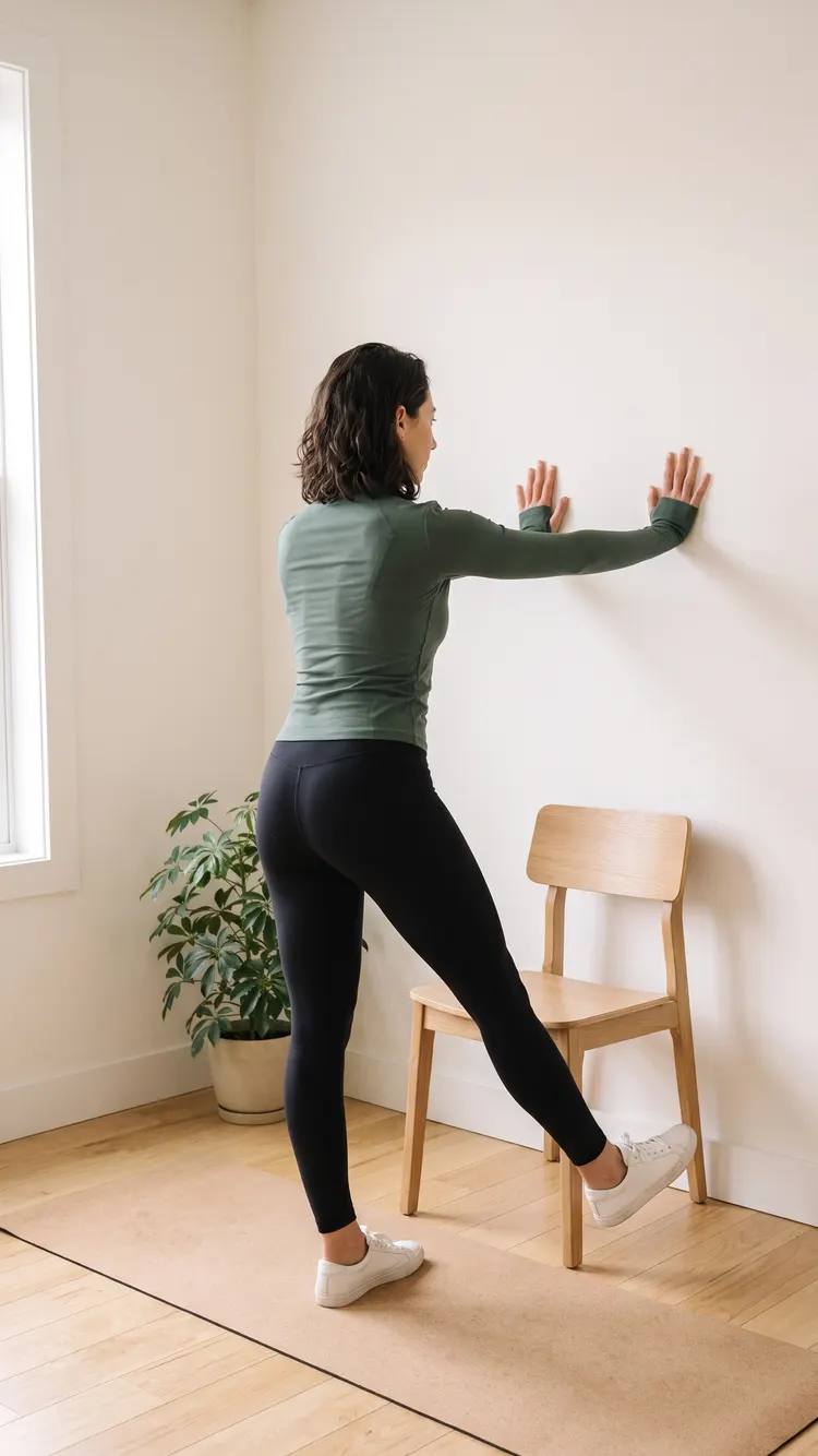 Facing the wall with both hands on it, a woman lifts one leg a little out to the side.