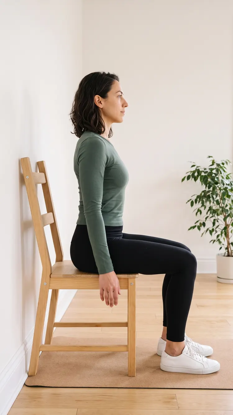 Seen from the side, a woman sits tall near the front of a chair whose back is against the wall, arms hanging by her sides.