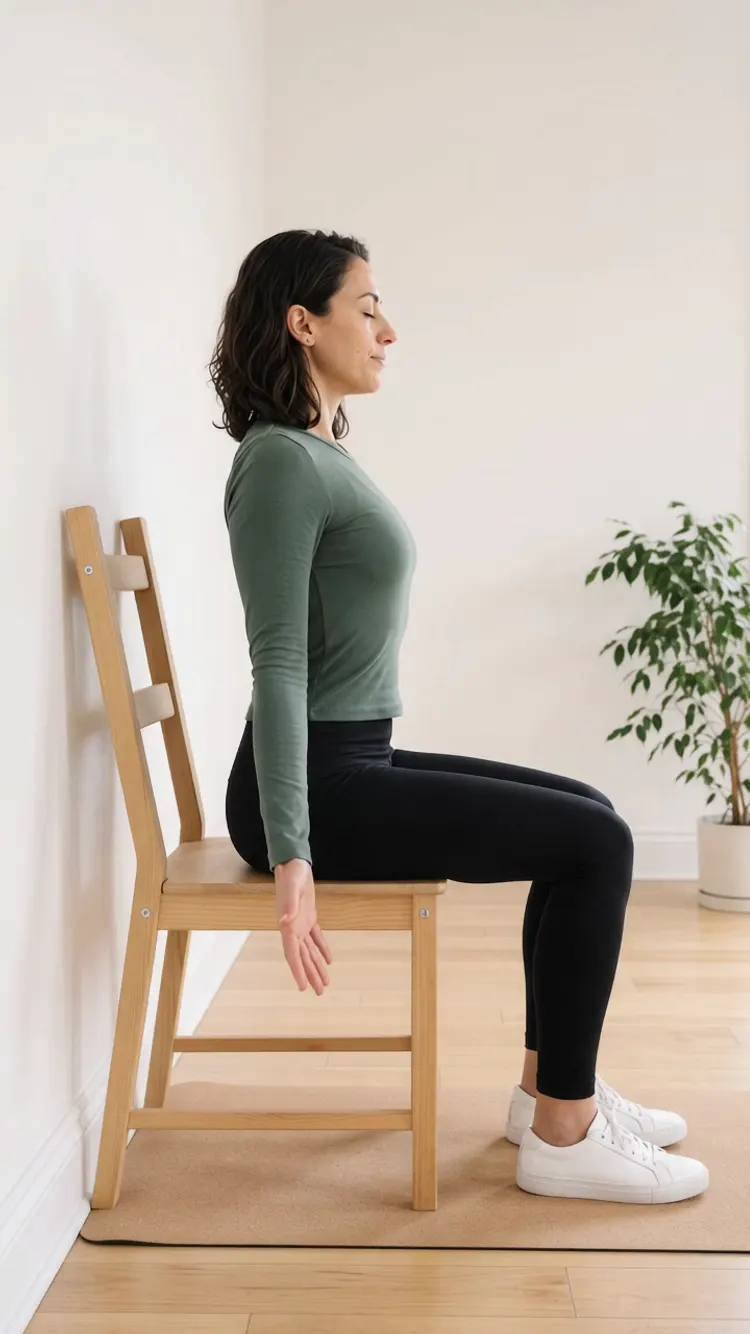 She draws her shoulder blades gently back and together, her chest lifted and her chin level.
