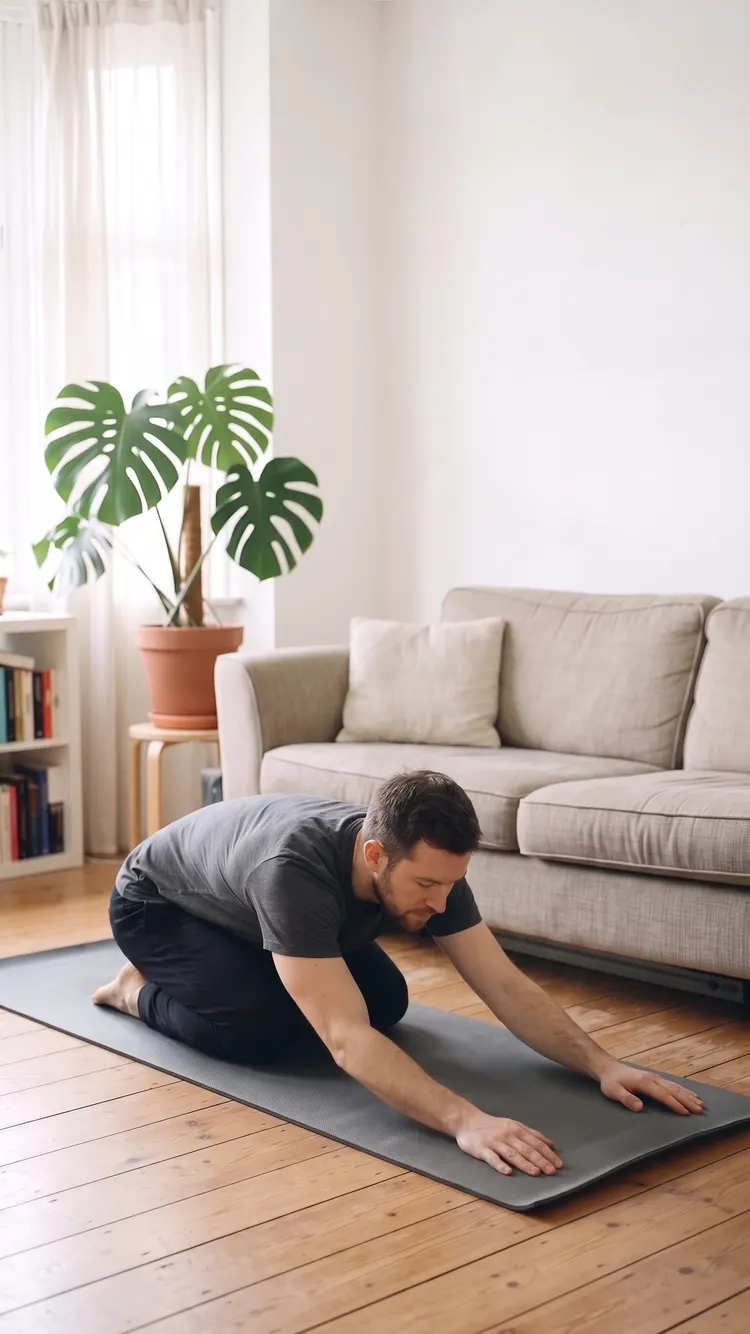 On a mat, a man rests in child's pose, hips back toward his heels, arms forward, forehead down.