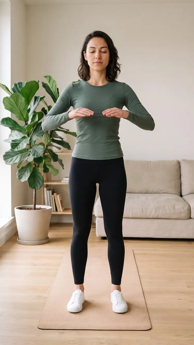 On a mat in a bright home studio, a woman floats both hands in front of her chest, palms down, eyes half closed.