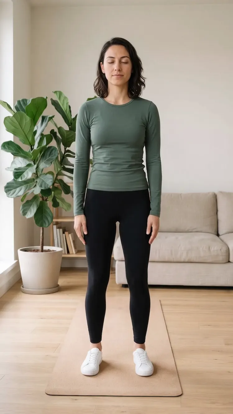 She stands quietly on the mat, arms by her sides, eyes closed.