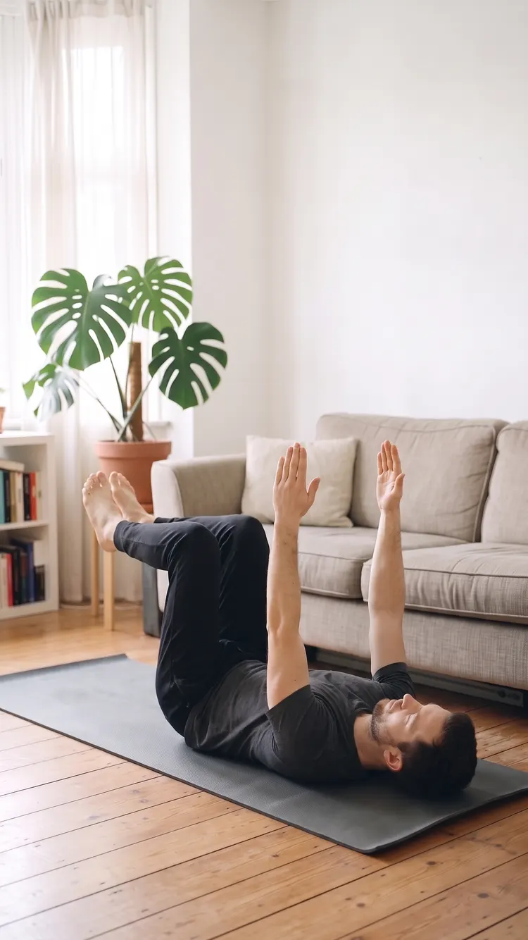 Lying on his back on a mat, a man reaches both arms to the ceiling, knees bent at 90 degrees over his hips.