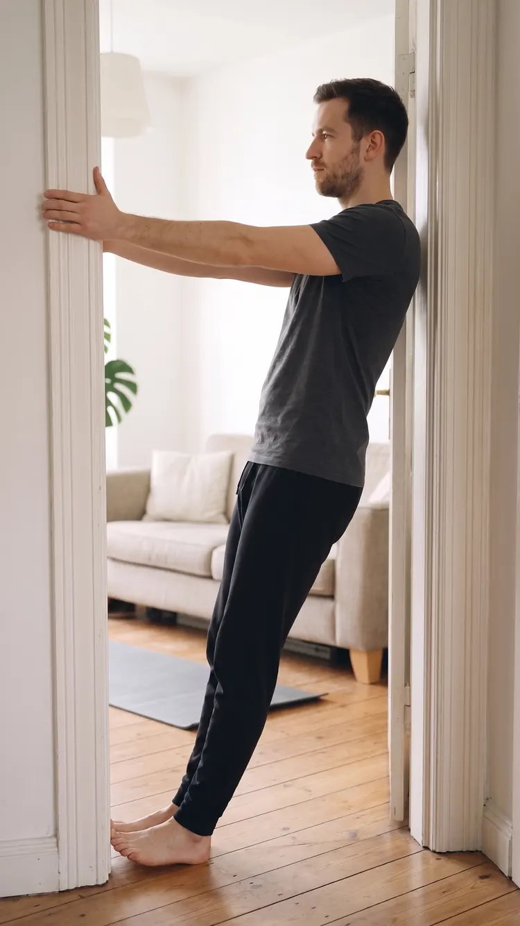 Holding both sides of an open door frame, a man leans back with his arms straight, body in one line.