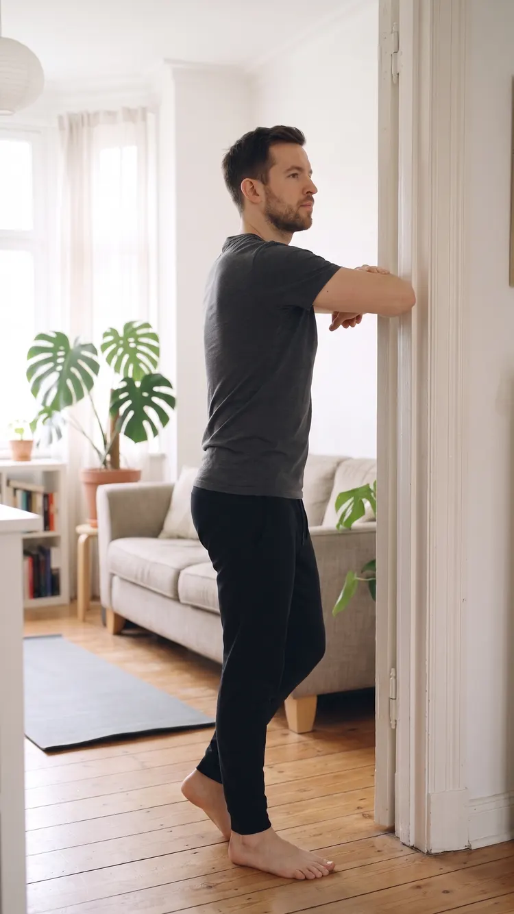 In an open doorway, a man rests his forearms on the frame and leans forward a little, one foot forward.