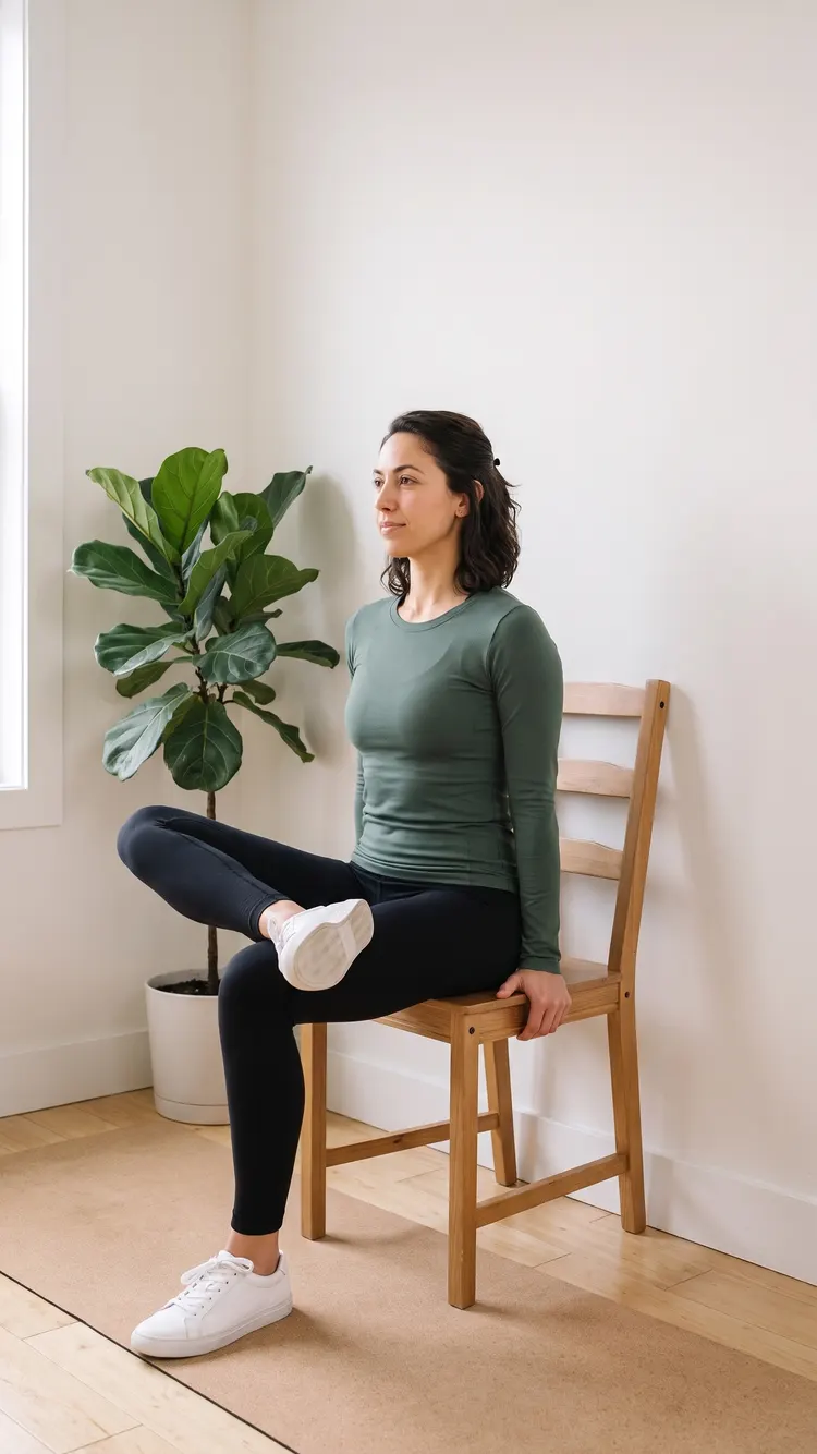 A woman sits tall on a chair whose back is against the wall, one ankle resting on her other thigh, the knee open to the side.