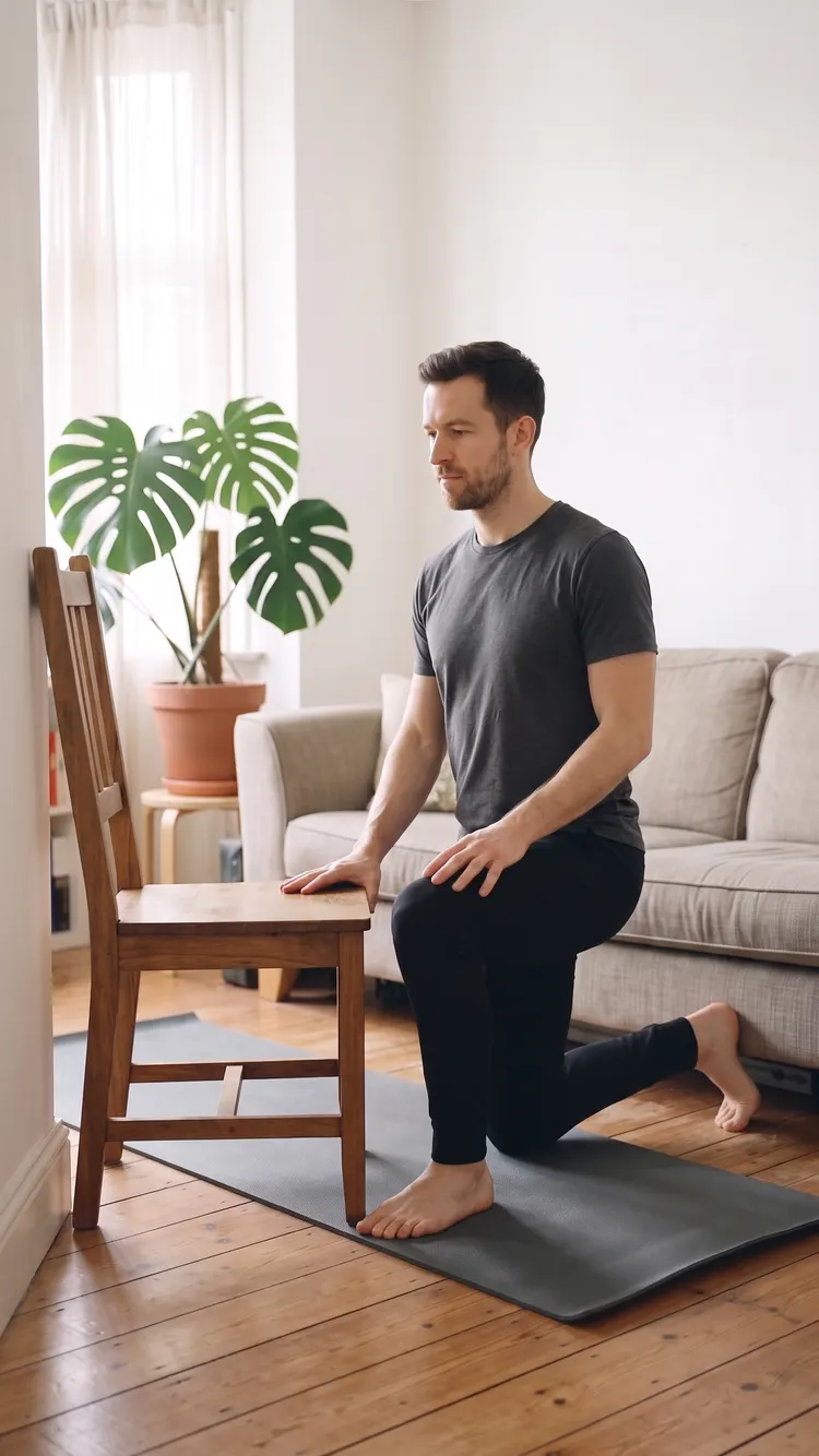 Beside a chair against the wall, a man half-kneels on a mat, one hand on the chair seat.