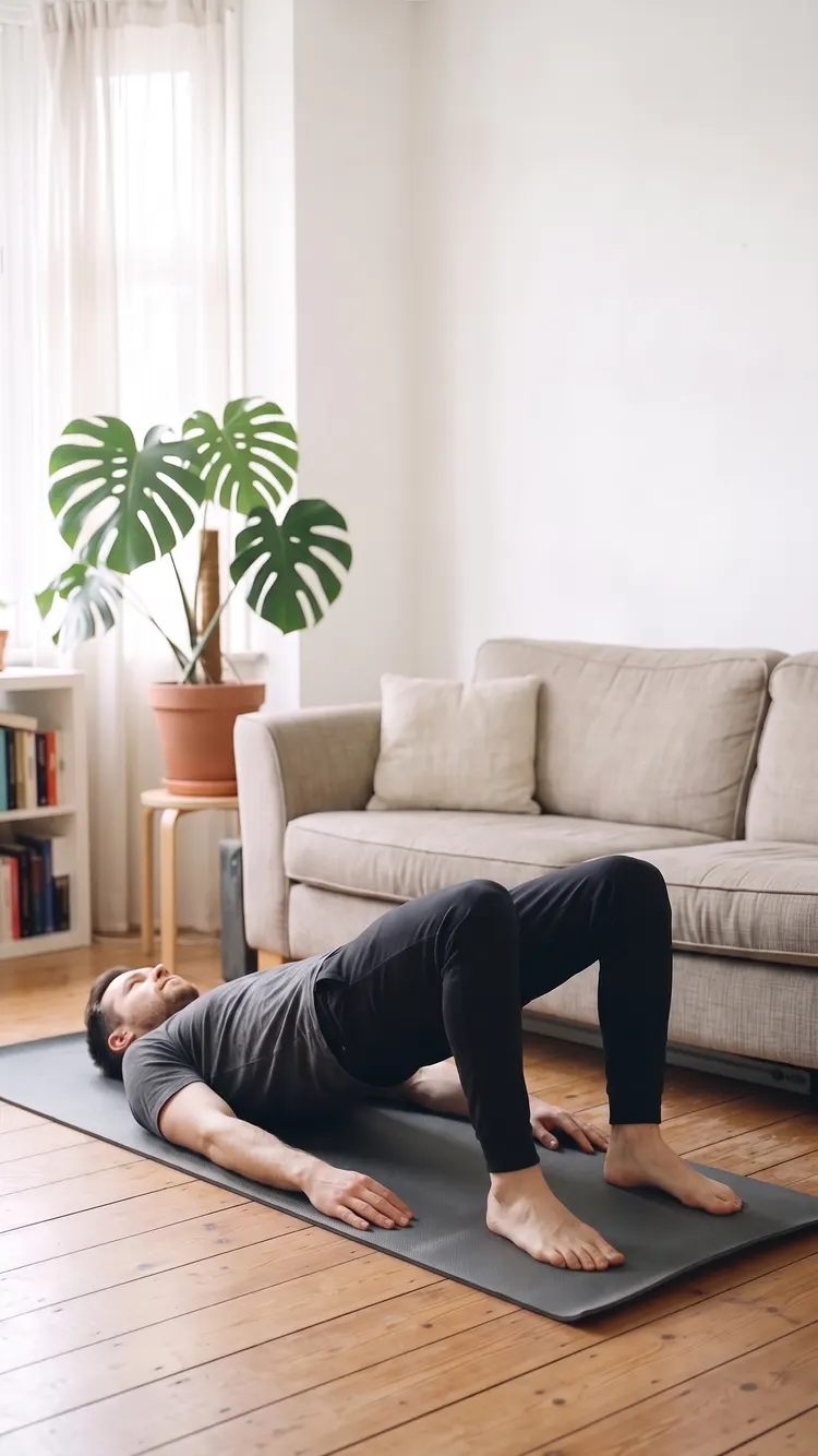 Lying on his back on a mat, a man lifts his hips so his body makes a line from his shoulders to his knees.