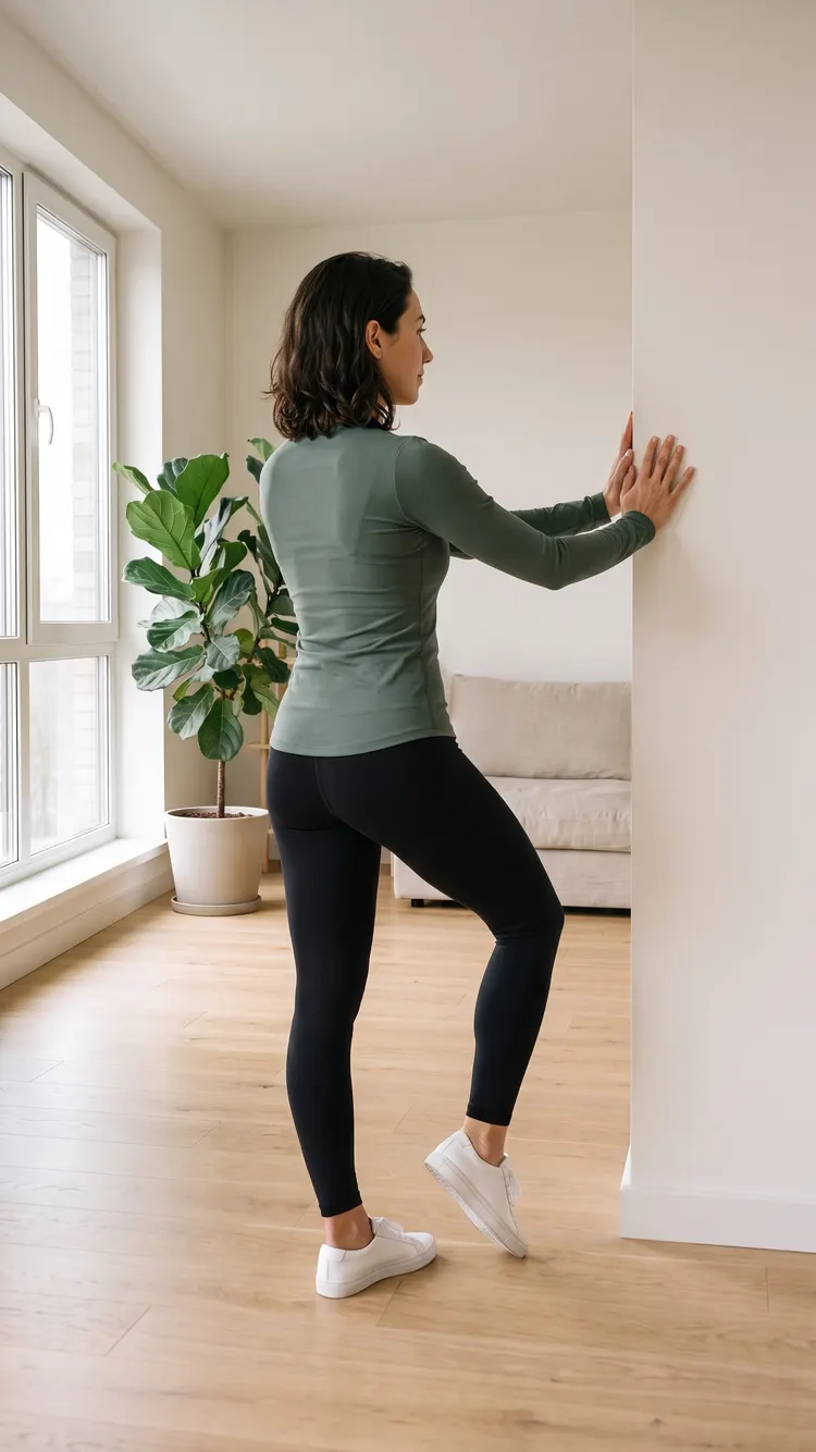 Facing the wall with both hands on it, a woman lifts one heel and her knee a little.