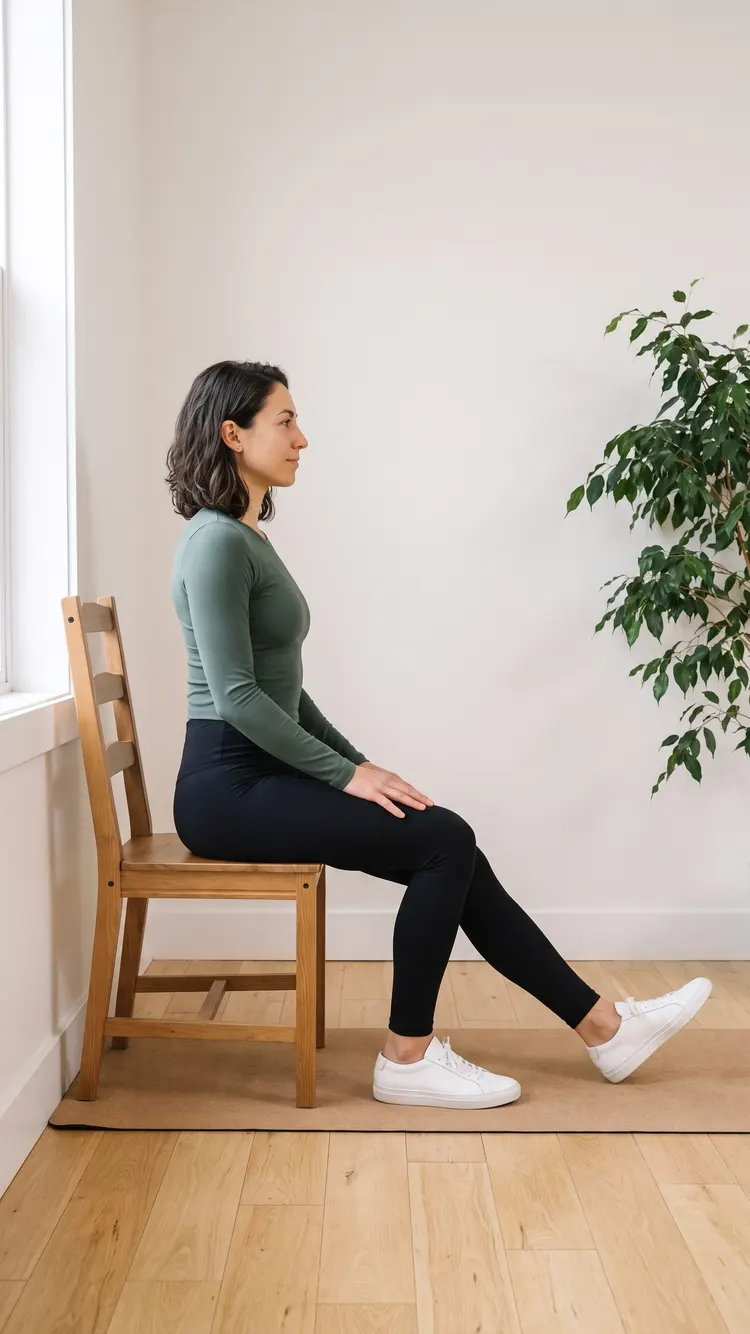 Seen from the side, a woman sits near the front edge of a chair whose back is against the wall, one leg forward with the heel on the floor and toes up, hands on her other thigh.