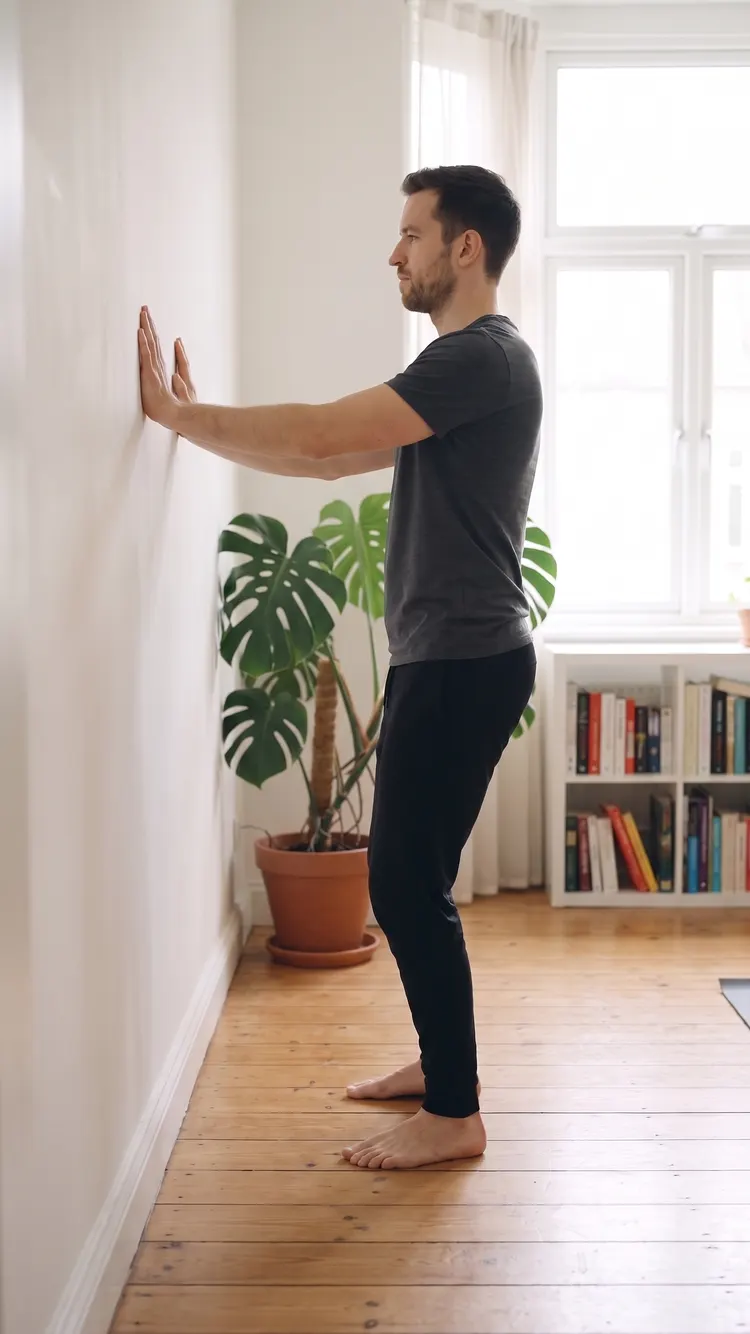 Hands on a plain wall, a man shifts his hips a little to one side, knees soft.