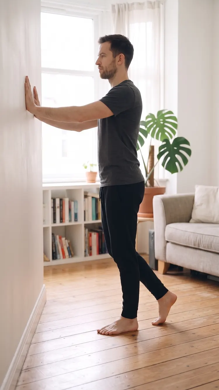 Hands on a plain wall, a man stands with one foot a small step back, heel lifted, hips forward.