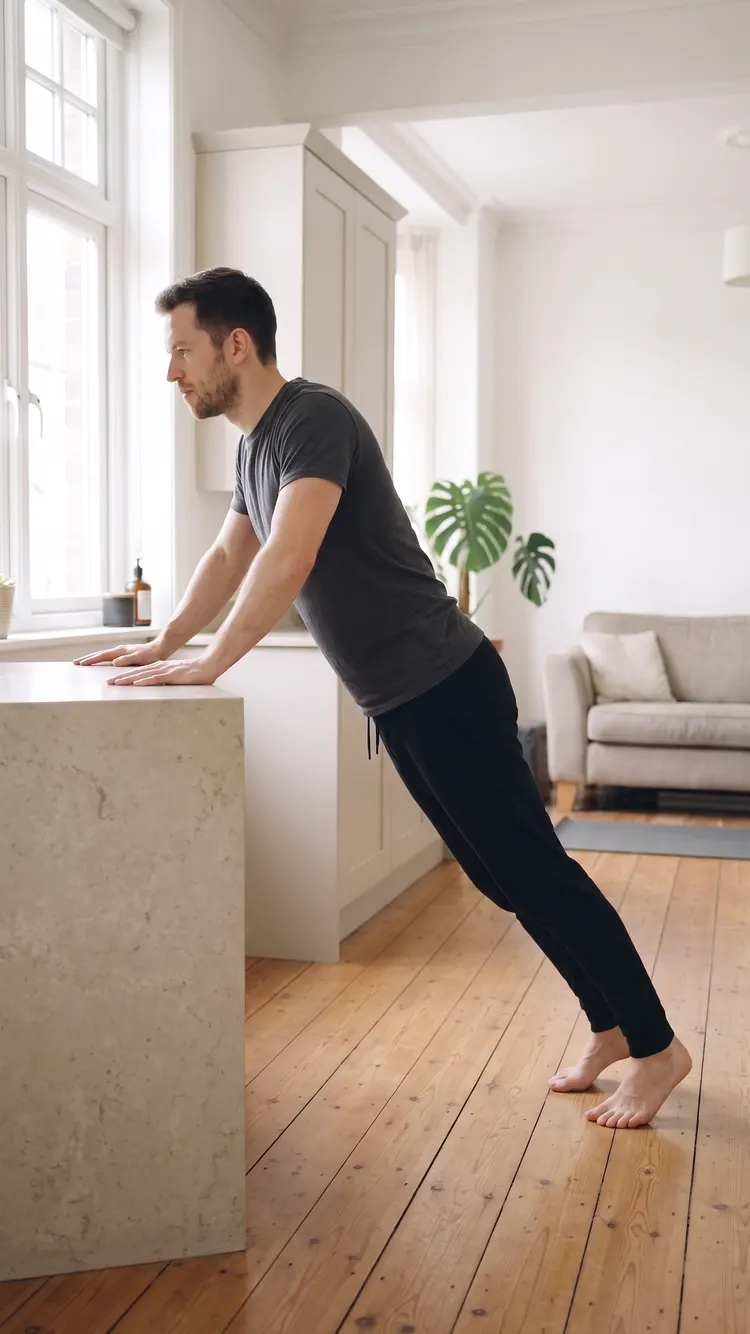Hands on a sturdy kitchen counter, a man holds an incline push-up, his body in one straight slope.