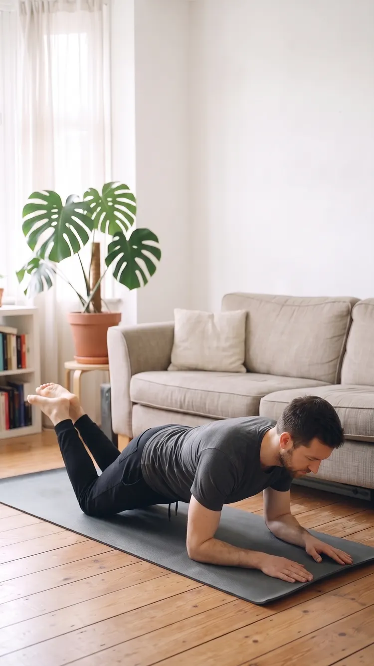 On a mat, a man holds a knee plank on his forearms, body in one line from his knees to his head.