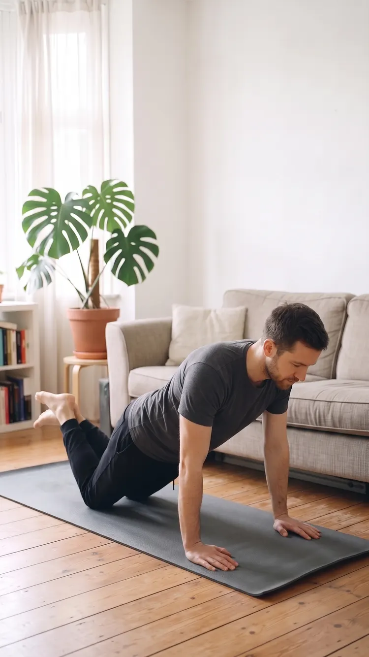 On a mat, a man holds the top of a knee push-up: hands under his shoulders, knees down, body in one line.