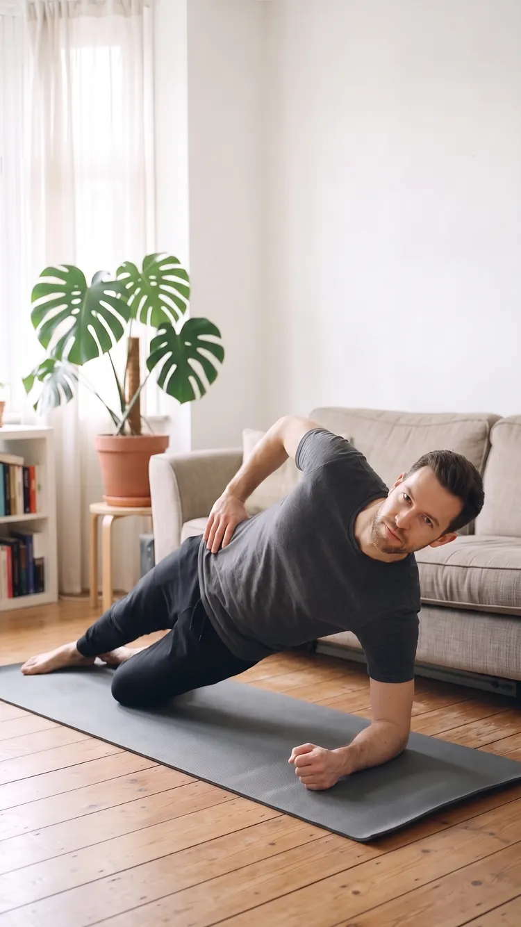 On a mat, a man holds a knee side plank on one forearm, shoulders, hips and knees in a line.