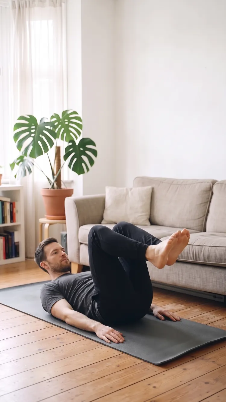 Lying on his back on a mat, a man draws his knees in toward his chest, hips curled a little up.