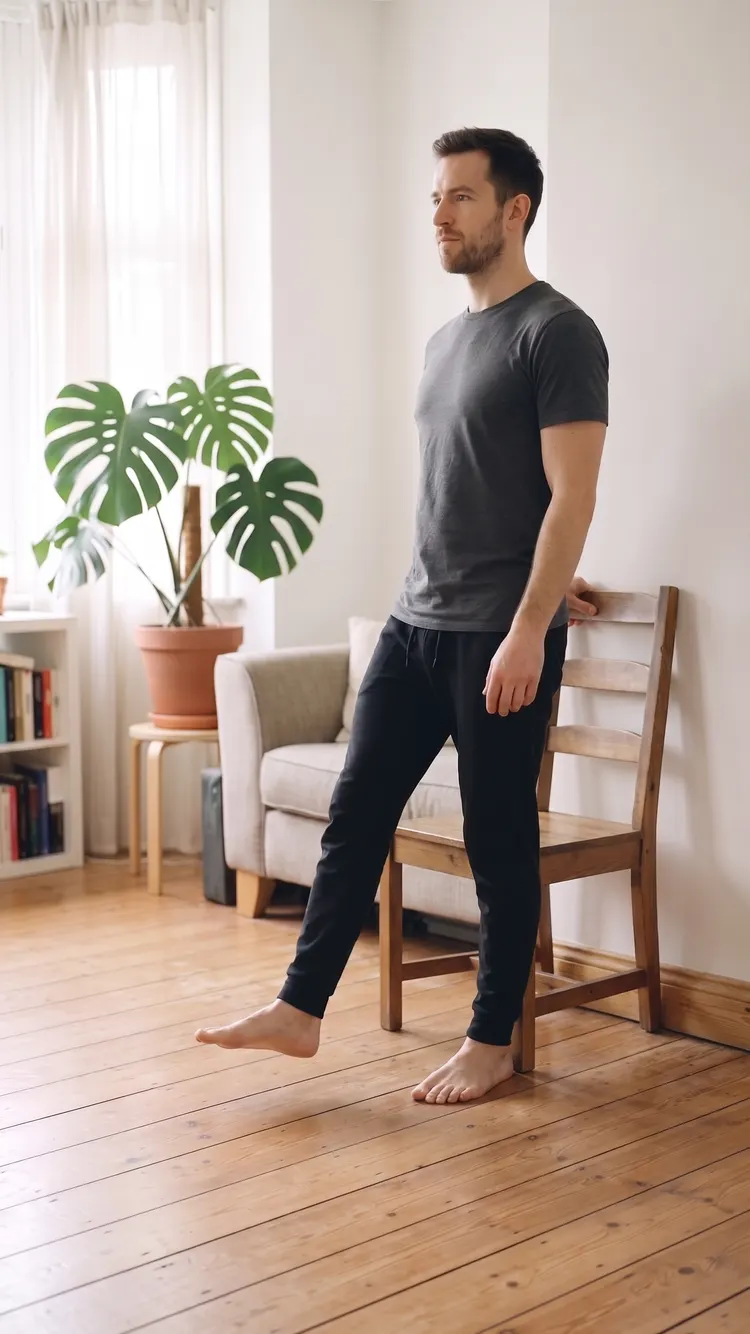 One hand on a chair against the wall, a man stands tall and swings one leg a little forward.