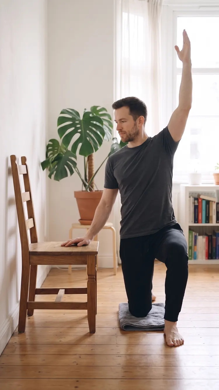 Half-kneeling beside a chair against the wall, a man holds the chair and reaches his free arm up.