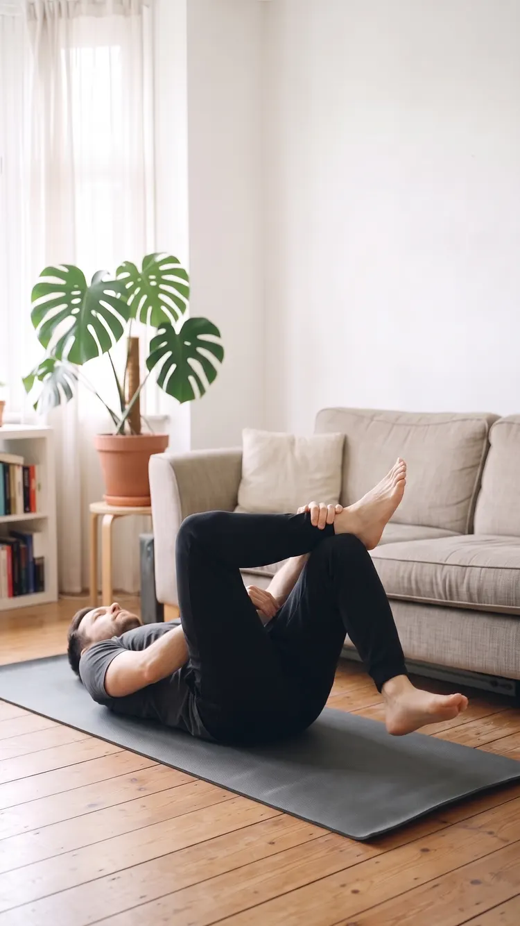 Lying on his back on a mat, a man crosses one ankle over the other thigh, his knee opening out to the side.