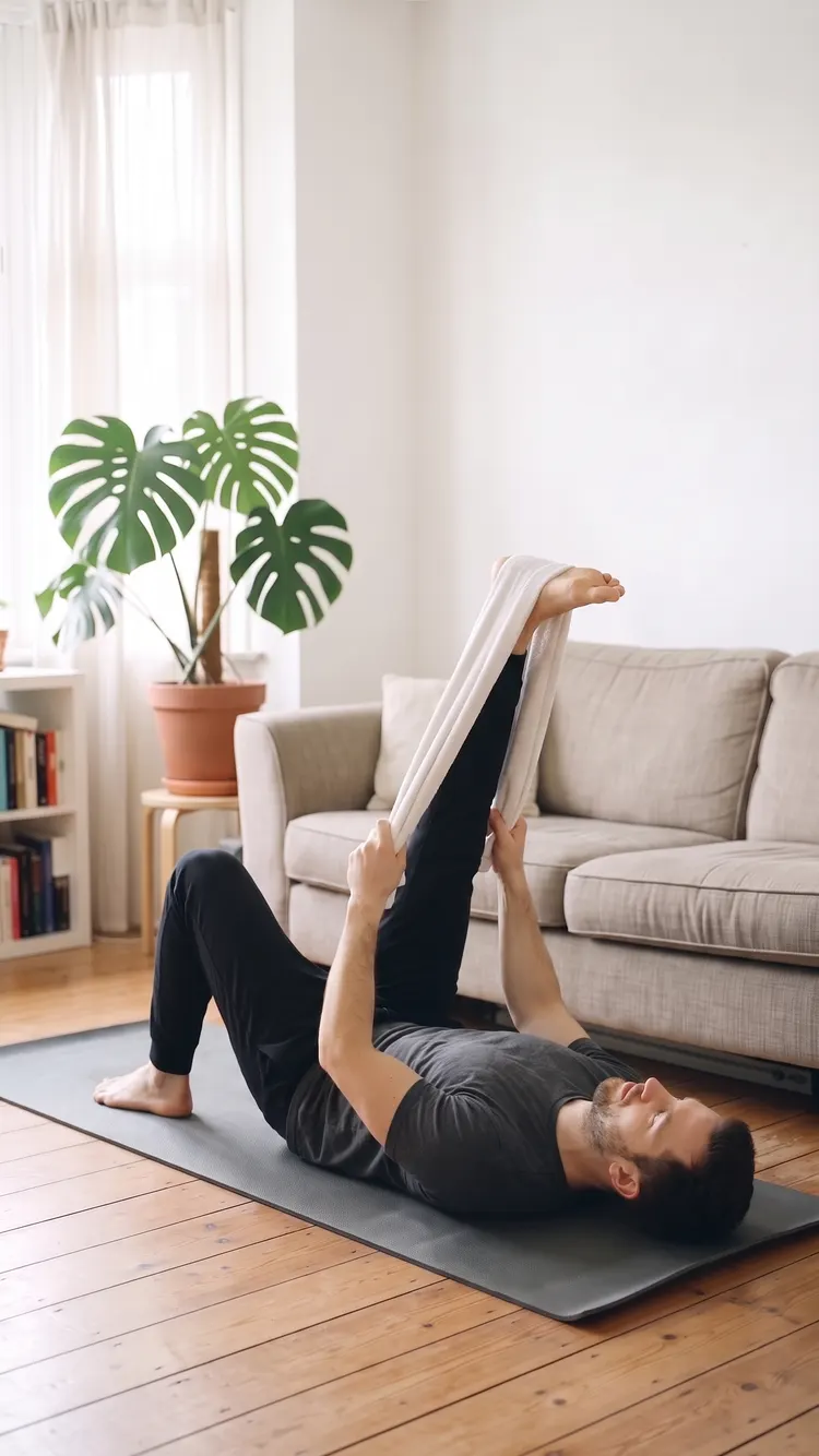 Lying on his back on a mat, a man holds a towel around one foot and lifts that leg, knee soft.
