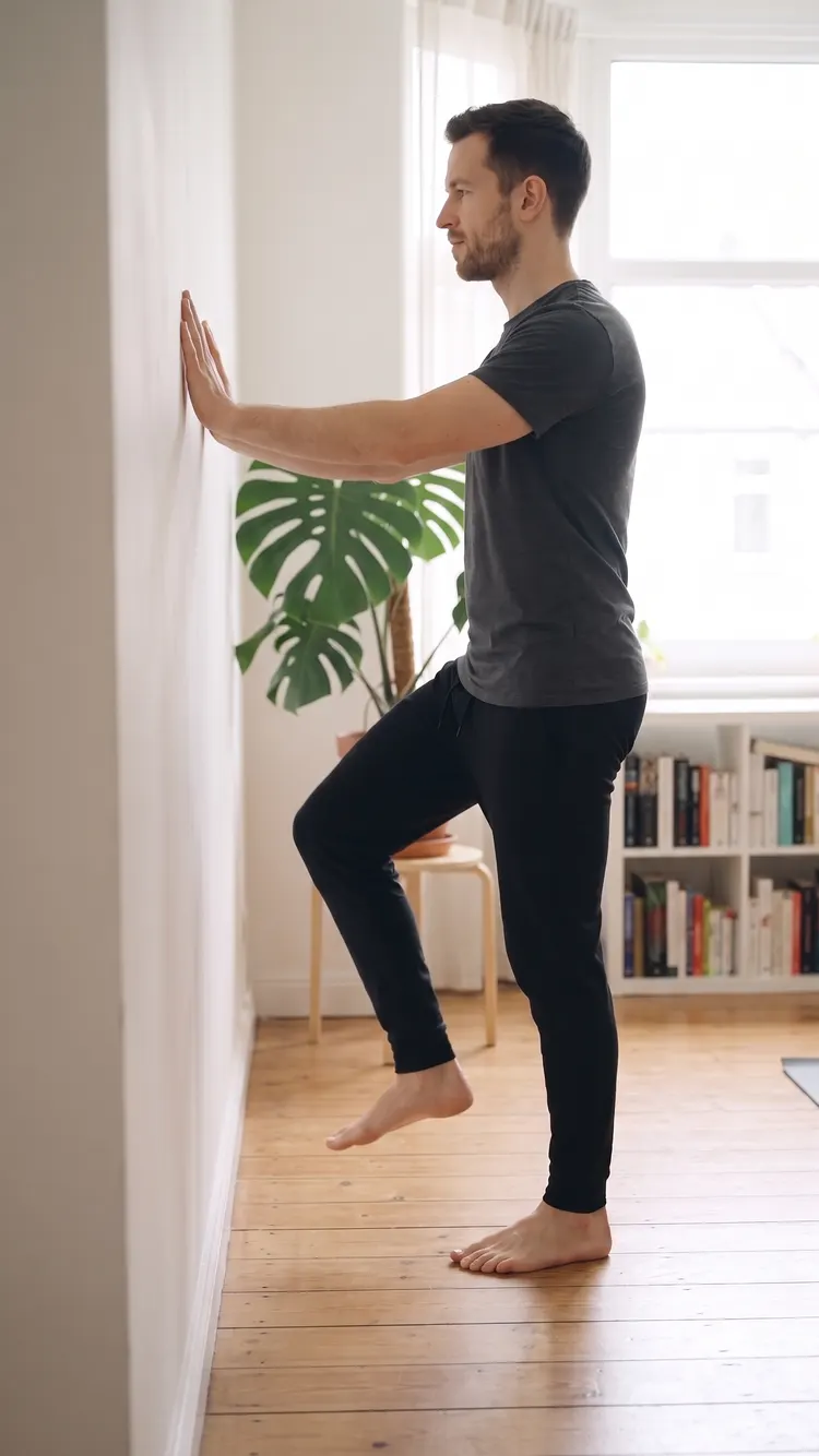 A man faces a plain wall, both hands flat on it at shoulder height, and lifts one knee a few inches.