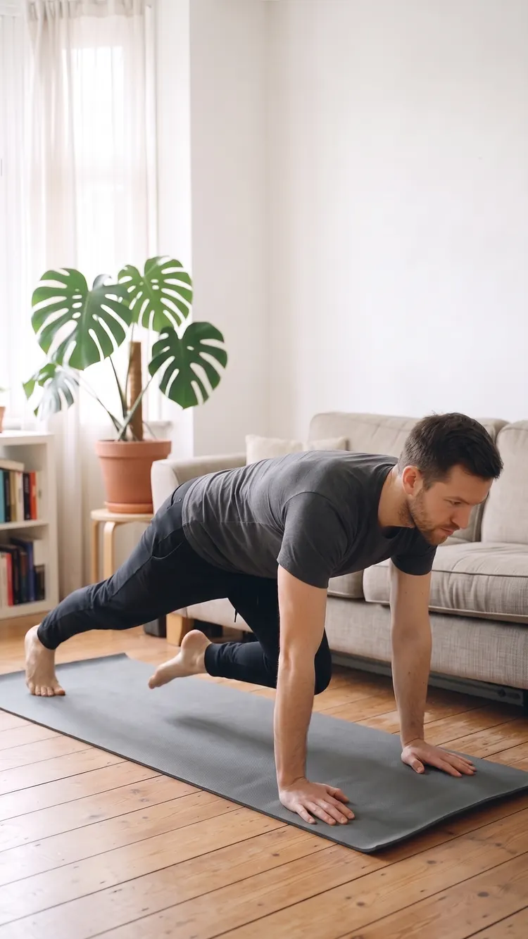In a high plank on a mat, a man draws one knee in toward his chest.